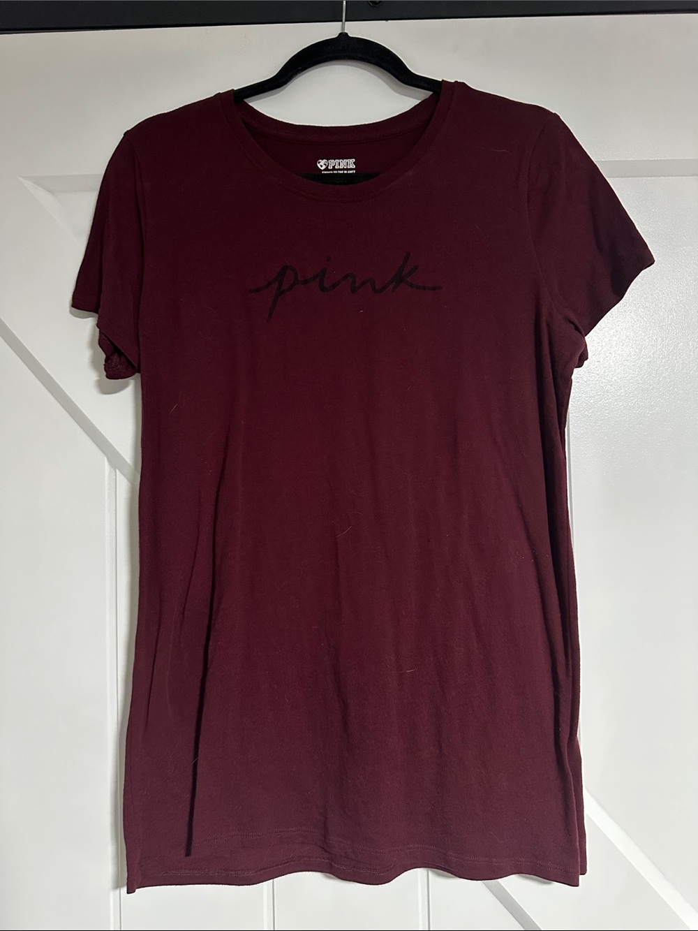 PINK Victoria's Secret Burgundy Script Short Sleeve Tee